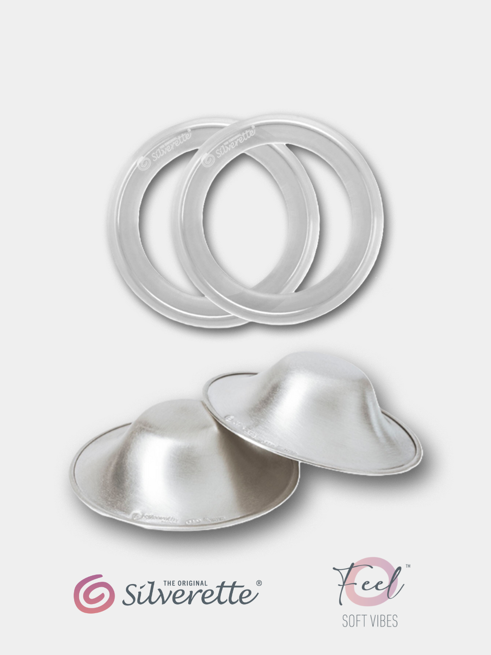 Silverette® cups and O-Feel™ ring logo, showcasing the product branding and sleek design of the nursing and breastfeeding accessories.