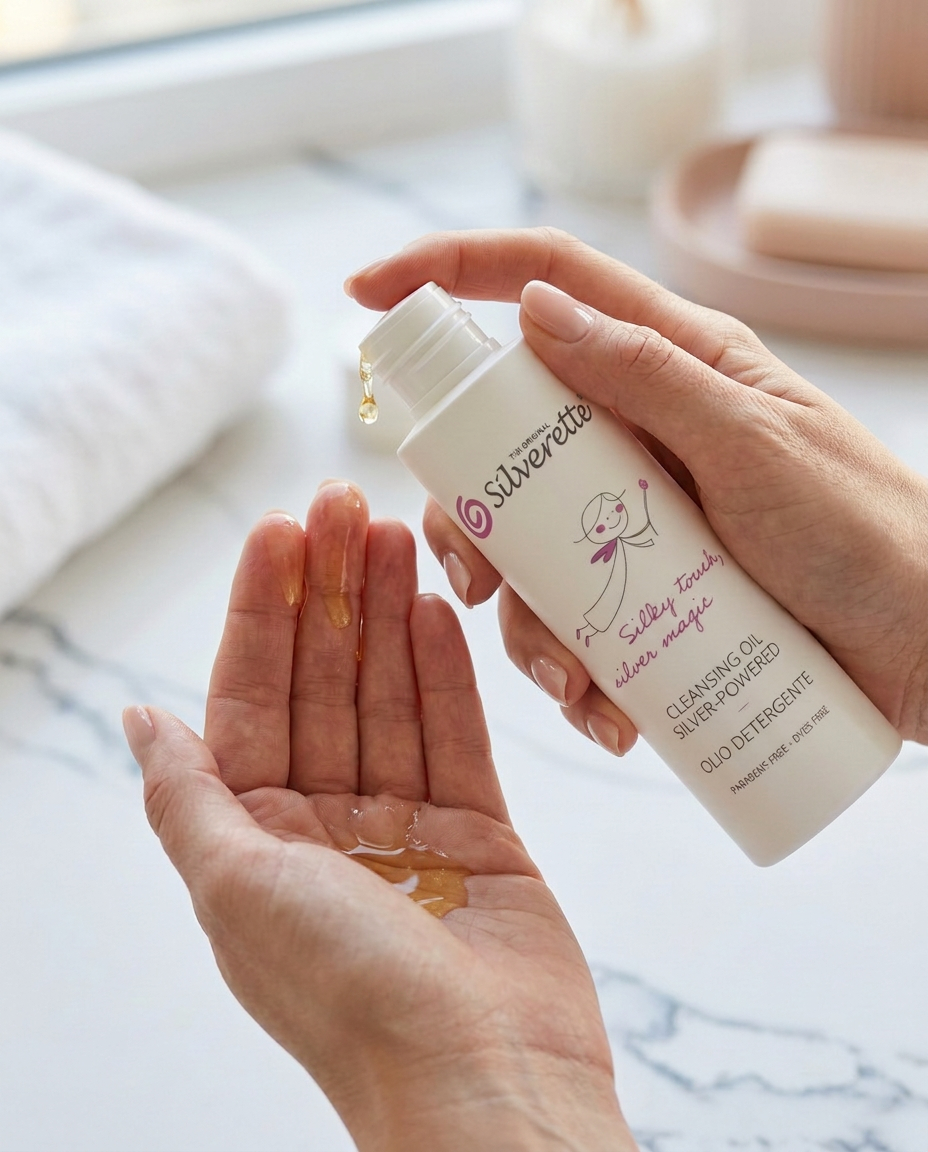 Silverette Silver-Powered Cleansing Oil 200ml in a clear bottle, featuring a pump dispenser, gentle nourishing cleanser for skin.