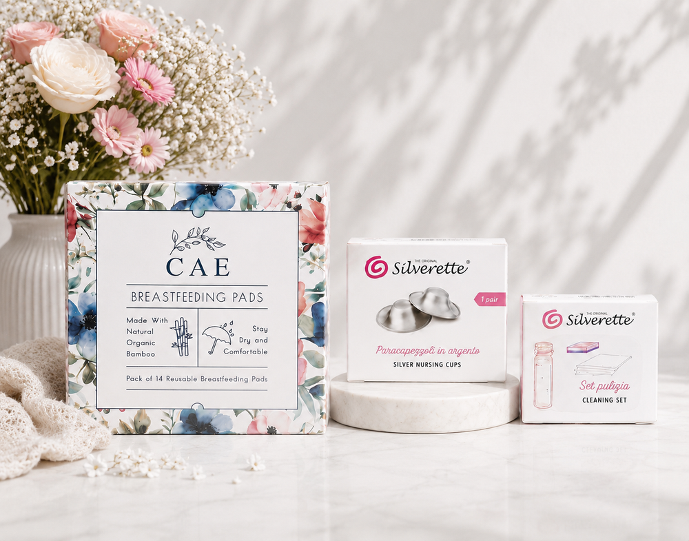 Silverette Nurturing Essentials Bundle featuring silver nursing cups, cream, and accessories for breastfeeding comfort and support.