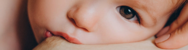 Close-up of a baby breastfeeding, held gently by mum