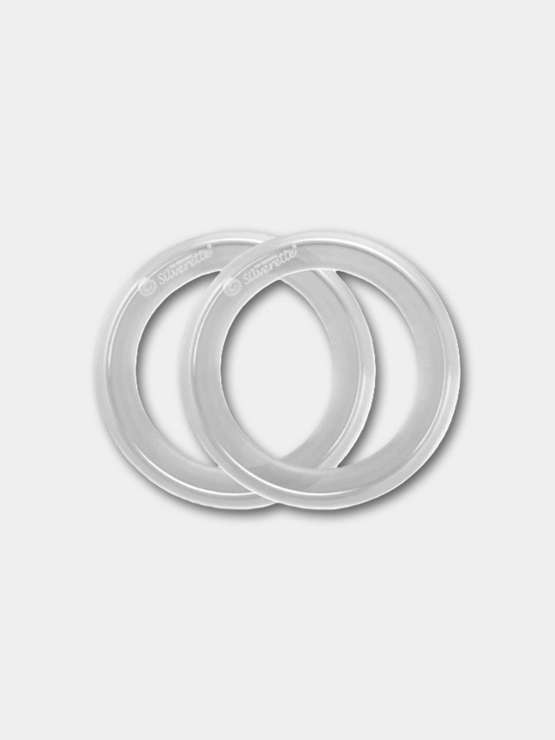 Pair of Silverette O-Feel Soft Vibes clear silicone rings that hold silver nursing cups in place