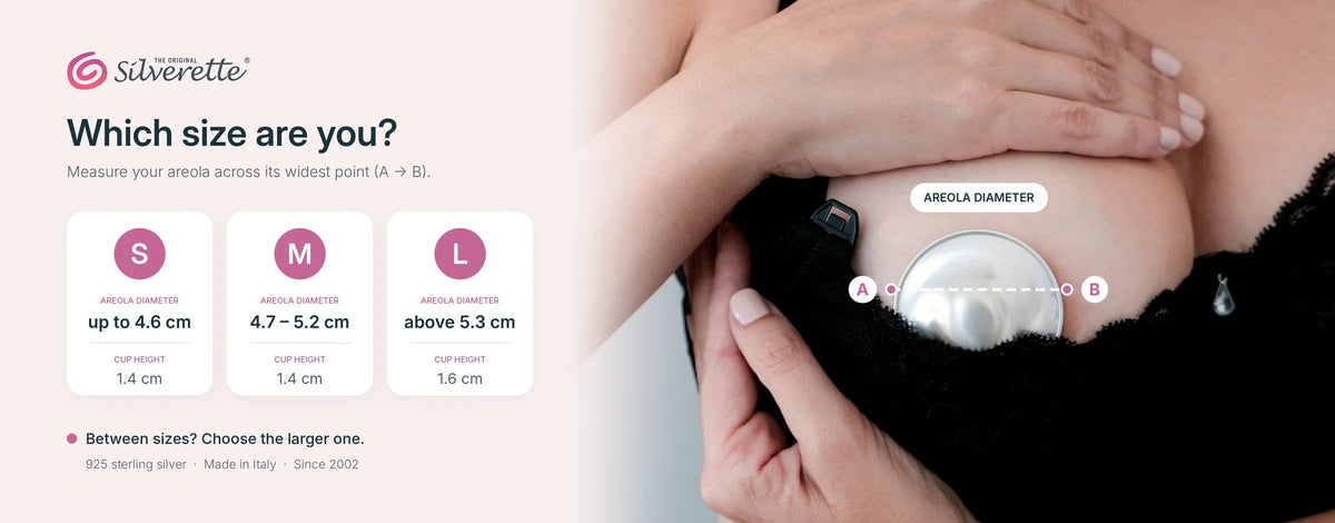 Silverette size chart: measure your areola across its widest point. Small up to 4.6cm, Medium 4.7 to 5.2cm, Large above 5.3cm. Between sizes, choose the larger one