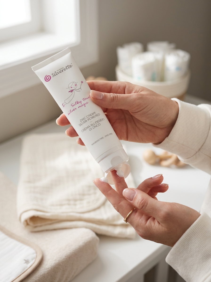 Mum squeezing Silverette Zinc Cream onto her hand before a nappy change